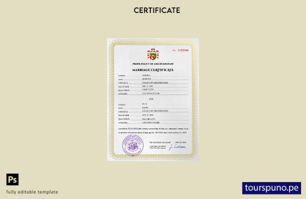 Plantilla PSD de certificado de matrimonio de Liechtenstein lista para imprimir